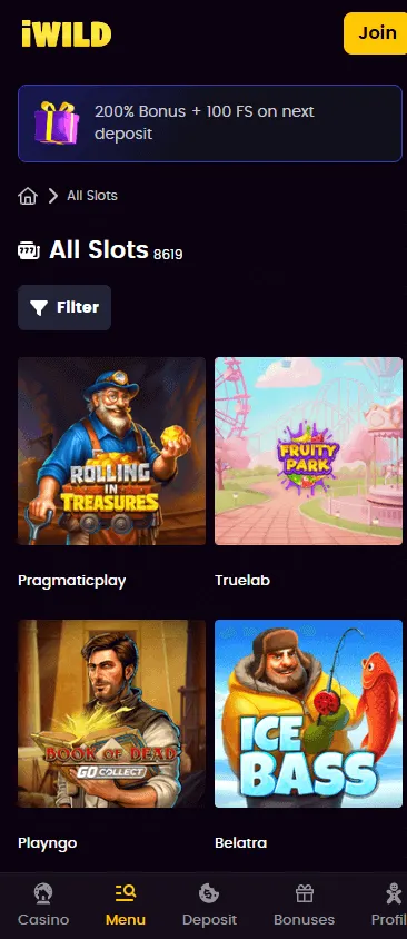 iWild Casino mobile games area with casino categories