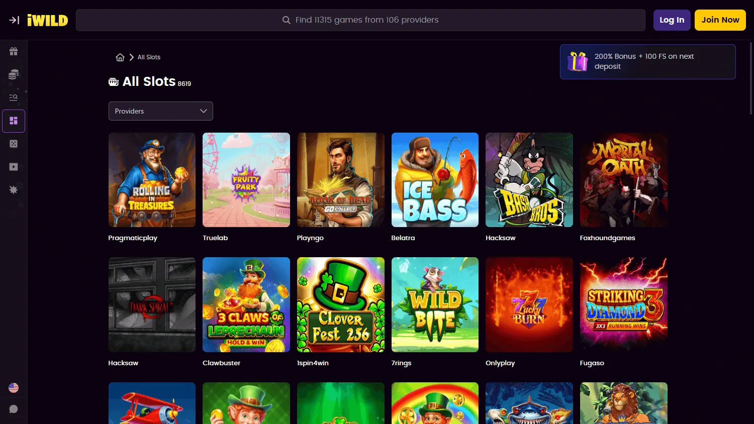 iWild Casino desktop games area with casino categories and titles