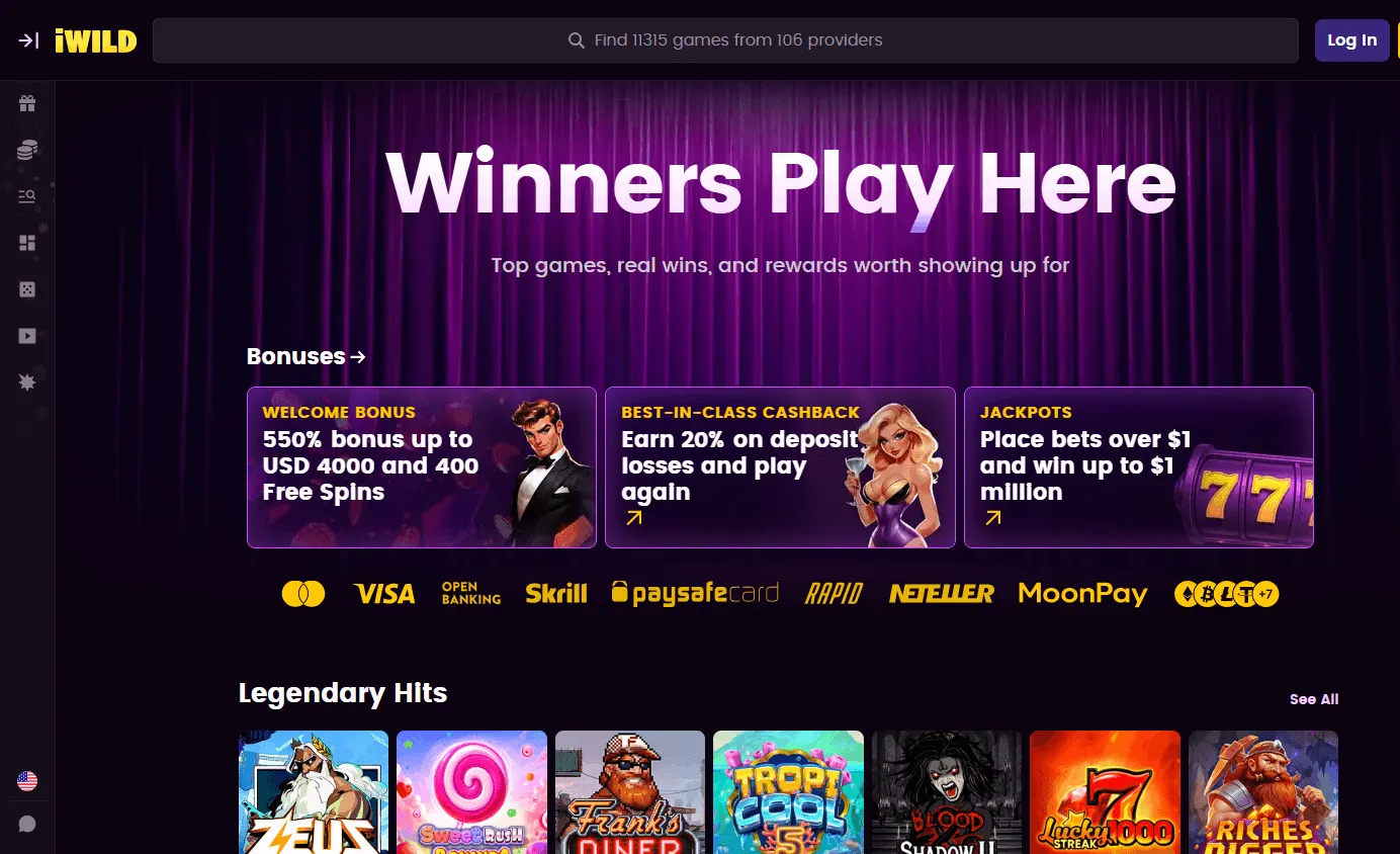 iWild Casino desktop home screen with casino offers and account access