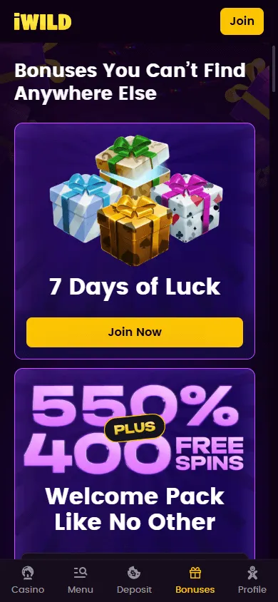 iWild Casino mobile promotions area with casino rewards